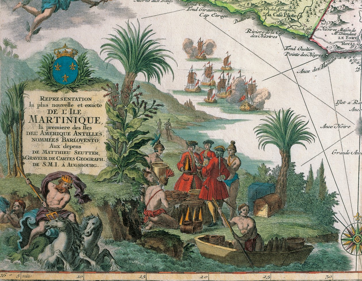 Kart over Martinique laget av Matthieu Seutter, detaljer: Kjøpmenn og indianer av Georg Matthäus Seutter