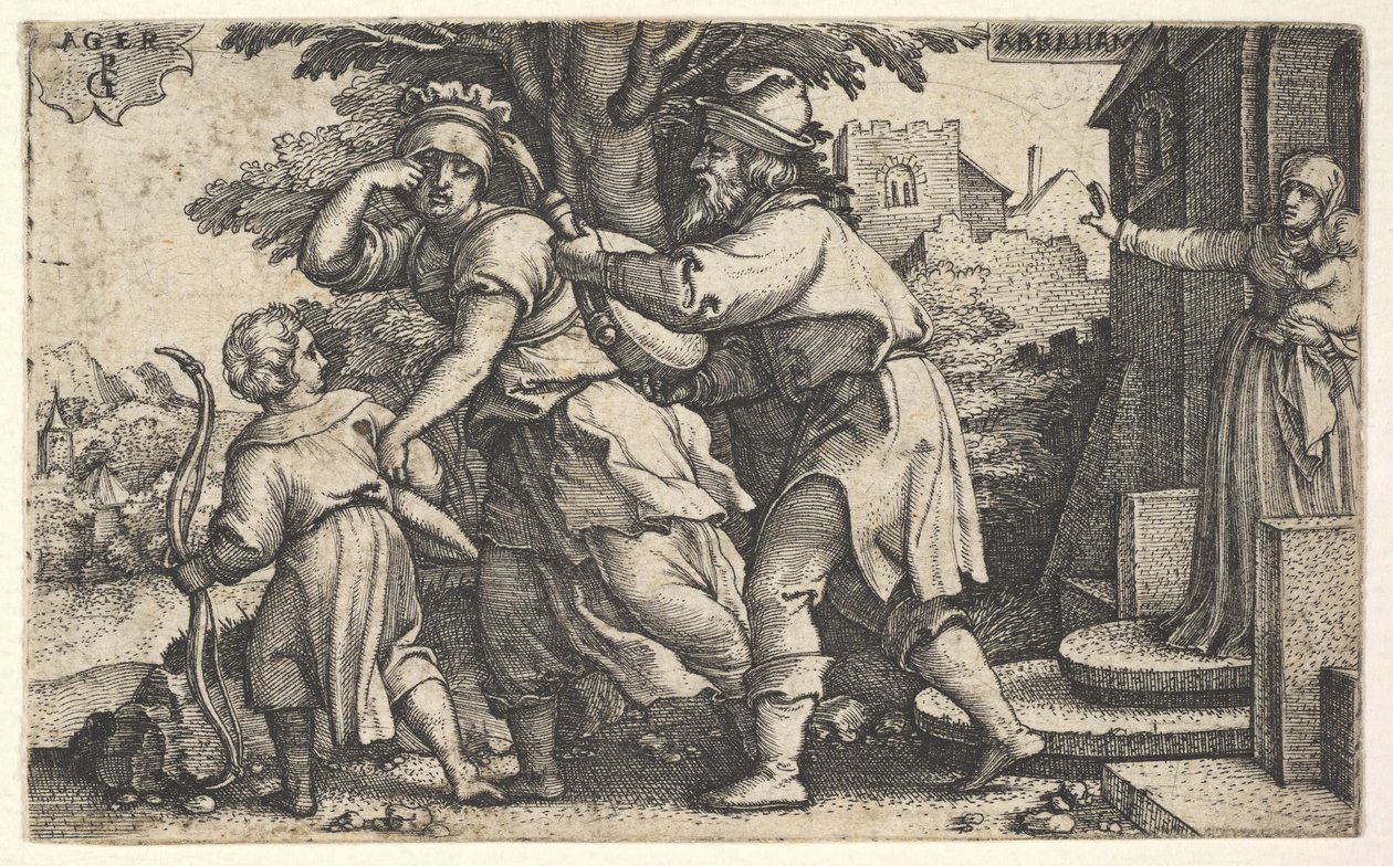 Abraham sender Hagar og Ismael bort: Abraham holder frem et kar som Hagar og Ishm..., ca. 1543. av Georg Pencz