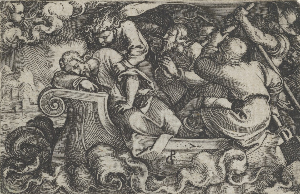 Kristus sover under stormen på Tiberiassjøen, fra Historien om Kristus, 1534-35. av Georg Pencz