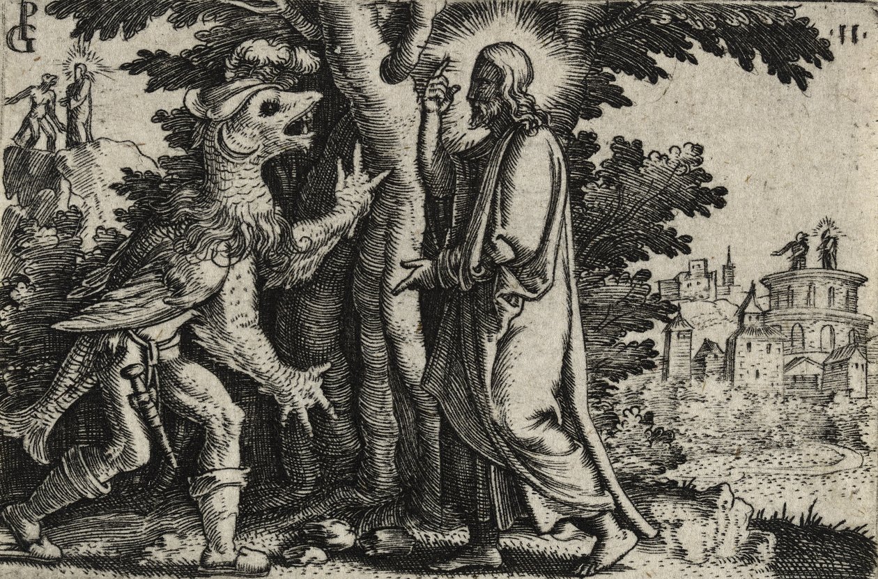 Kristus fristet av djevelen i ørkenen (gravering på lagt papir) av Georg Pencz