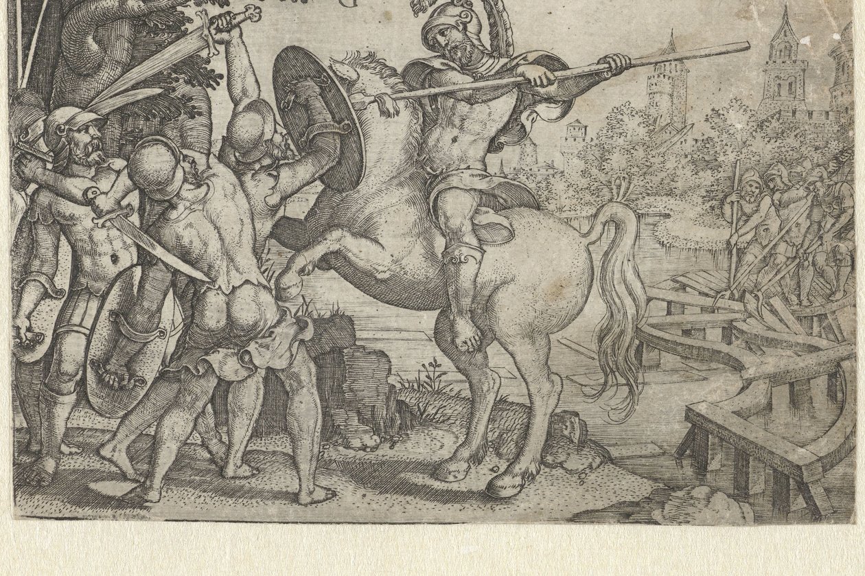 Horace Cocles forsvarer broen over Tiber-historiene fra tidlig romersk historie (serietittel) av Georg Pencz