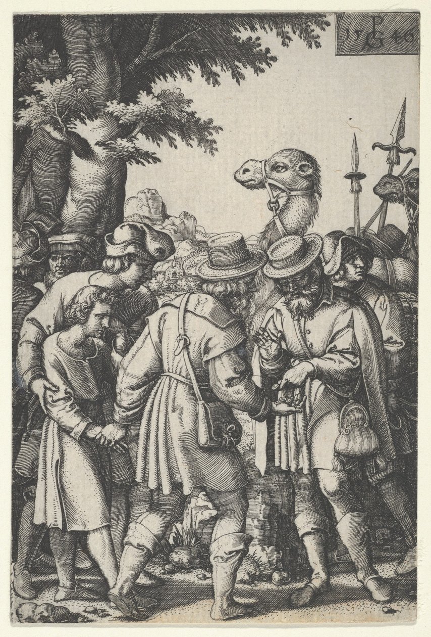 Joseph solgt til kjøpmennene, fra The Story of Joseph, 1546. av Georg Pencz