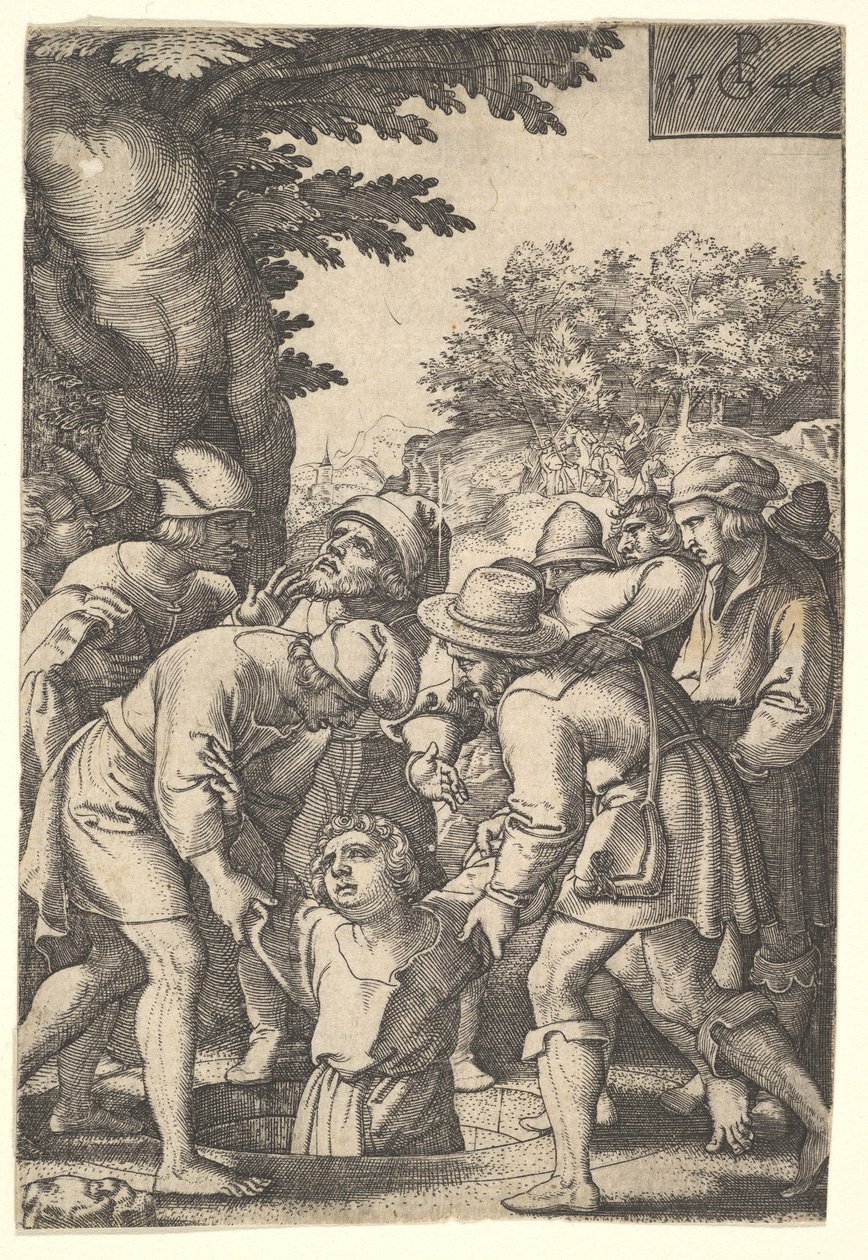 Joseph senket ned i en brønn av brødrene sine, fra serien The Story of Joseph, 1546. av Georg Pencz