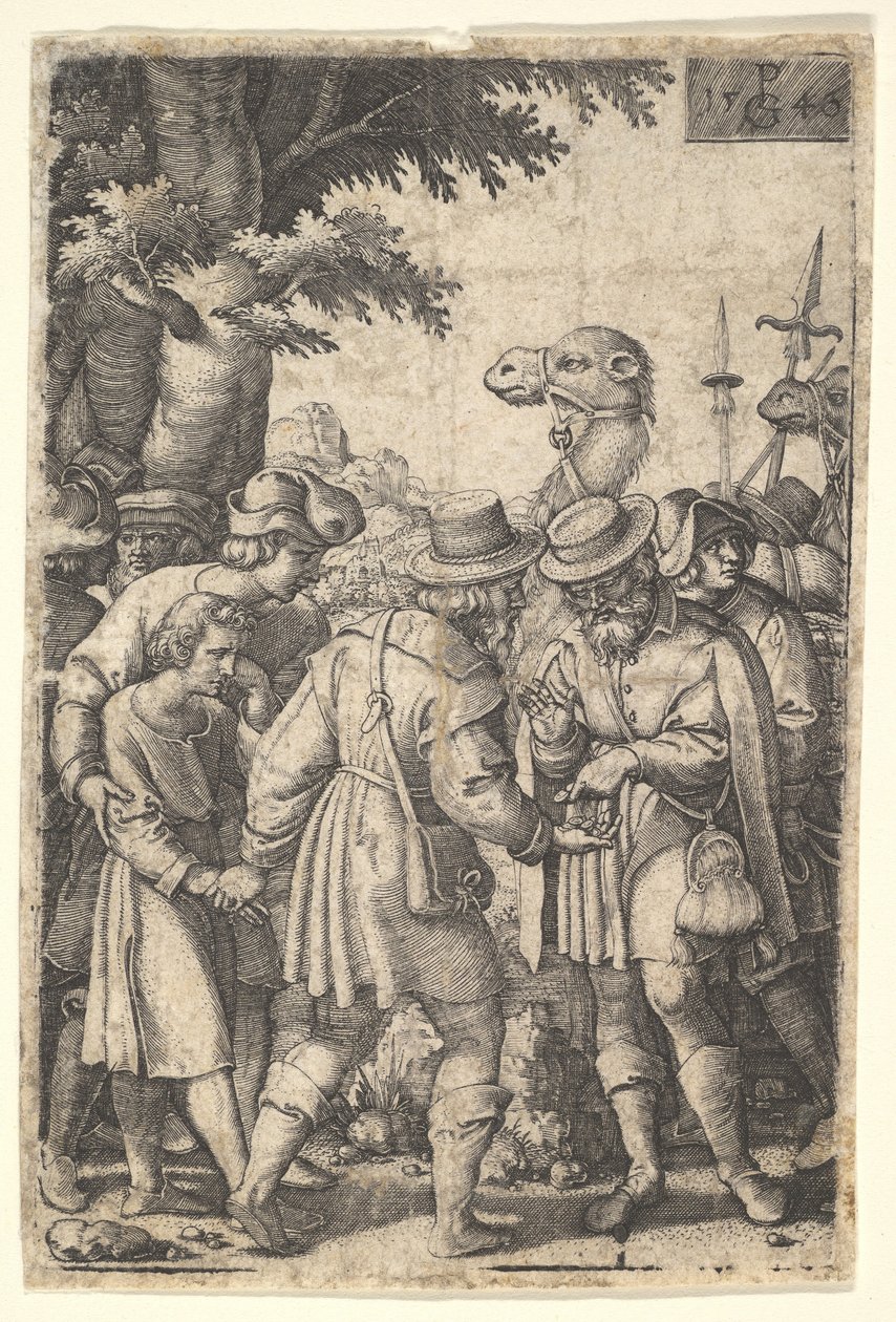 Joseph solgte til kjøpmennene: en skjeggete mann som griper Joseph med venstre hånd mottar co..., 1546. av Georg Pencz