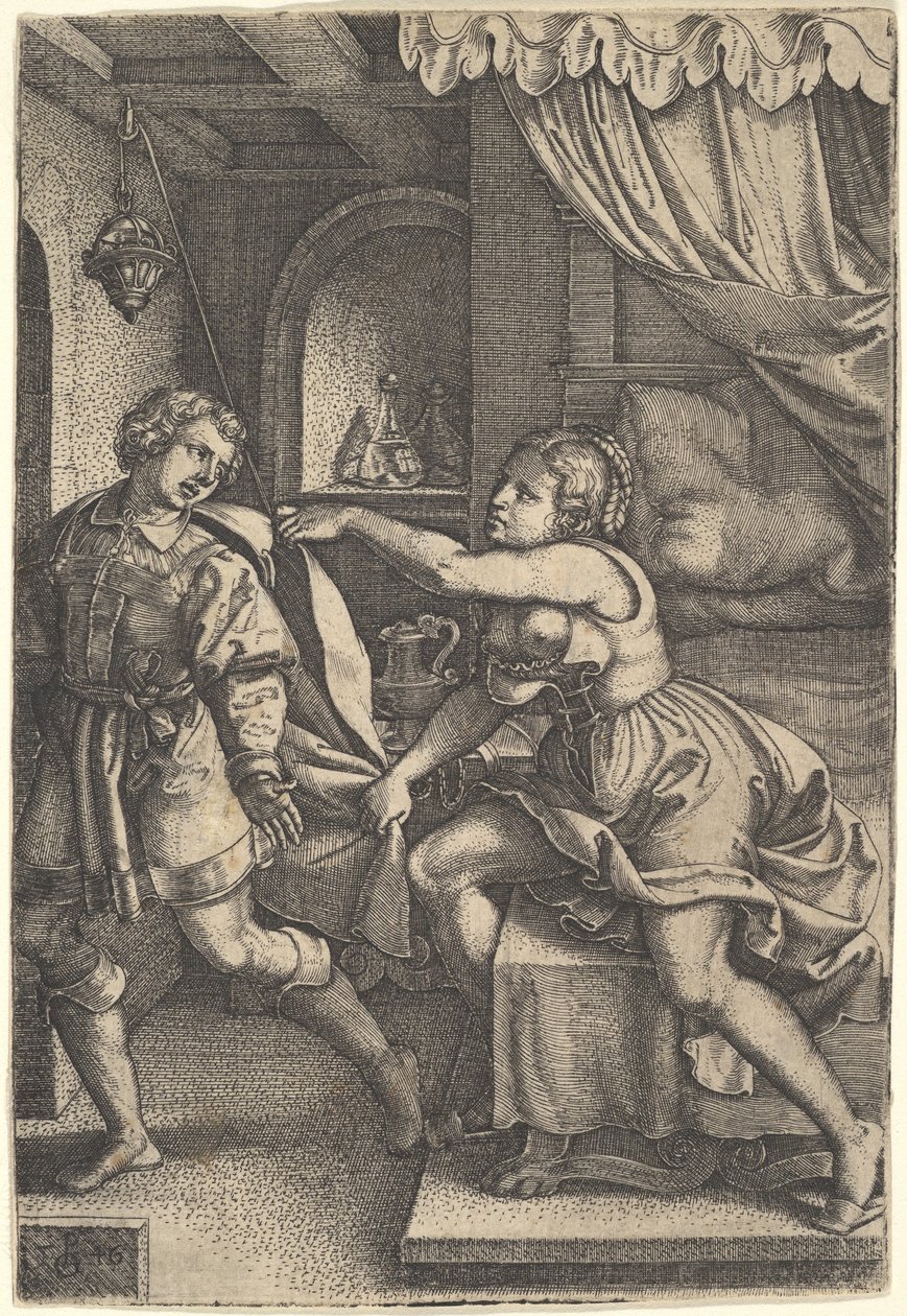 Josef går bort fra Potifars kone, som griper kappen hans med begge hender mens hun st..., 1546. av Georg Pencz
