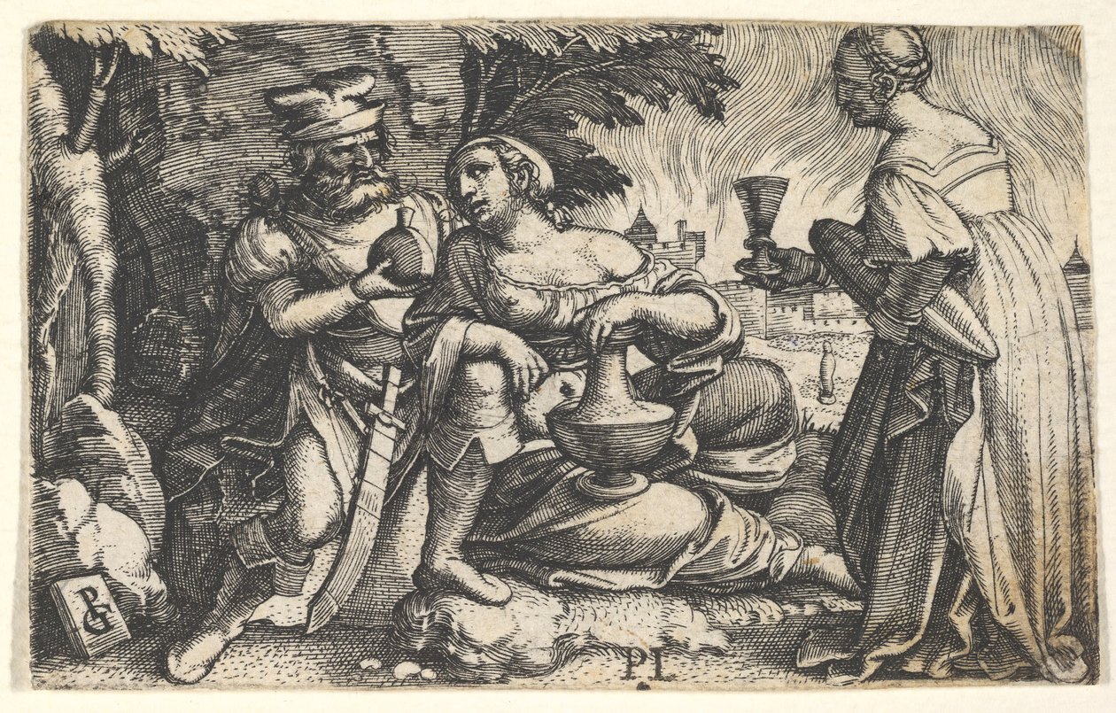 Lot og døtrene hans: en datter i midten hviler høyre arm på Lots kne og en ve..., ca. 1531. av Georg Pencz