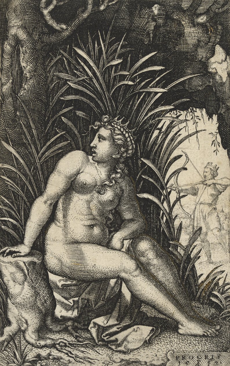 Procris og Cephalus, 1539 (gravering på lagt papir) av Georg Pencz