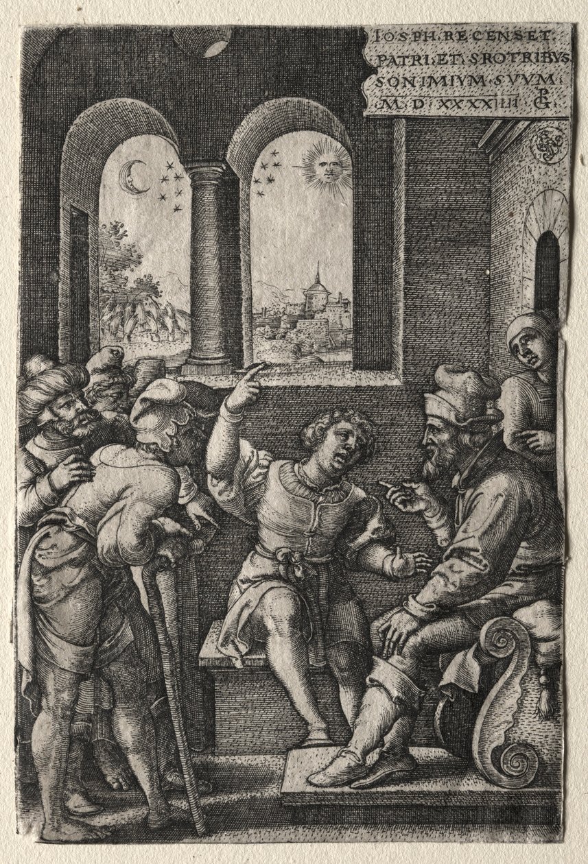 Historien om Joseph: Joseph forteller sine drømmer til sin far, 1544. av Georg Pencz