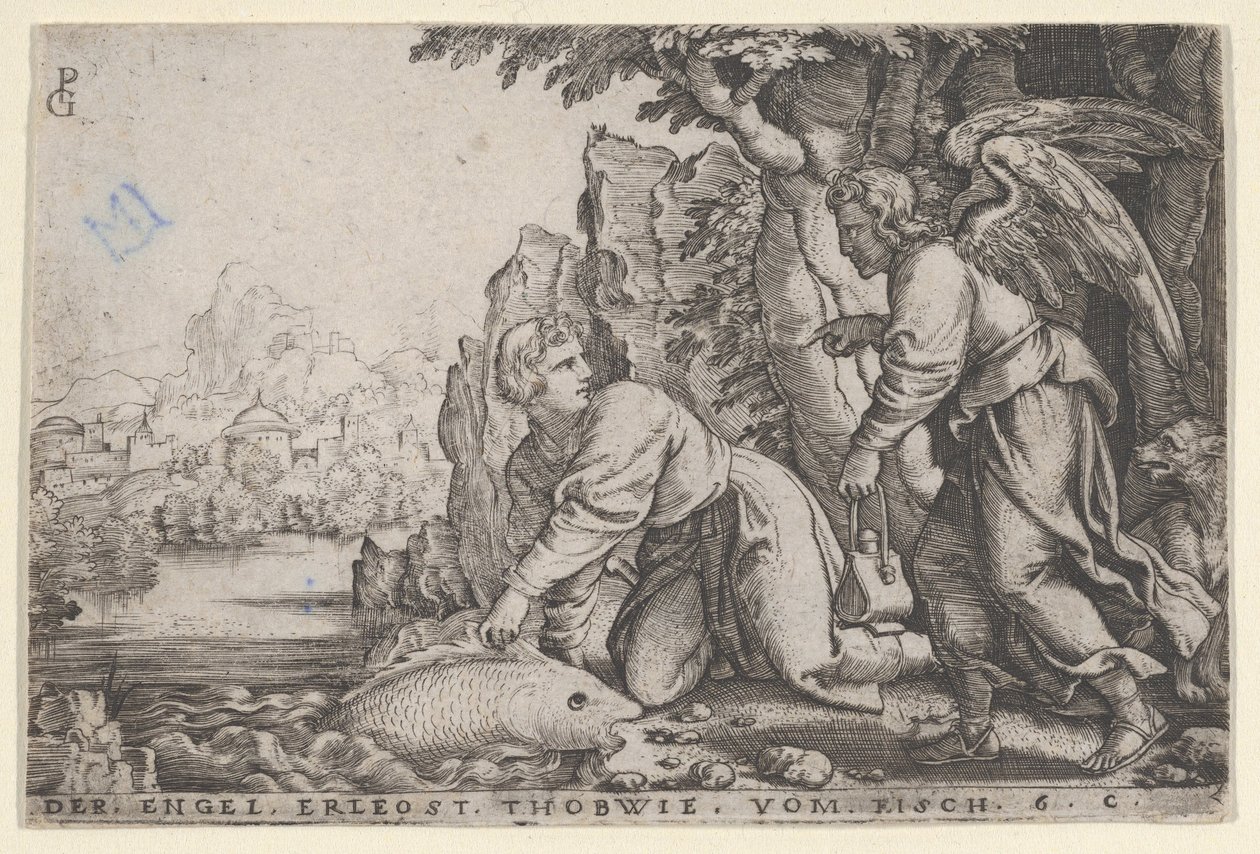 Tobiolus Catches the Fish, fra The Story of Tobias, 1543. av Georg Pencz