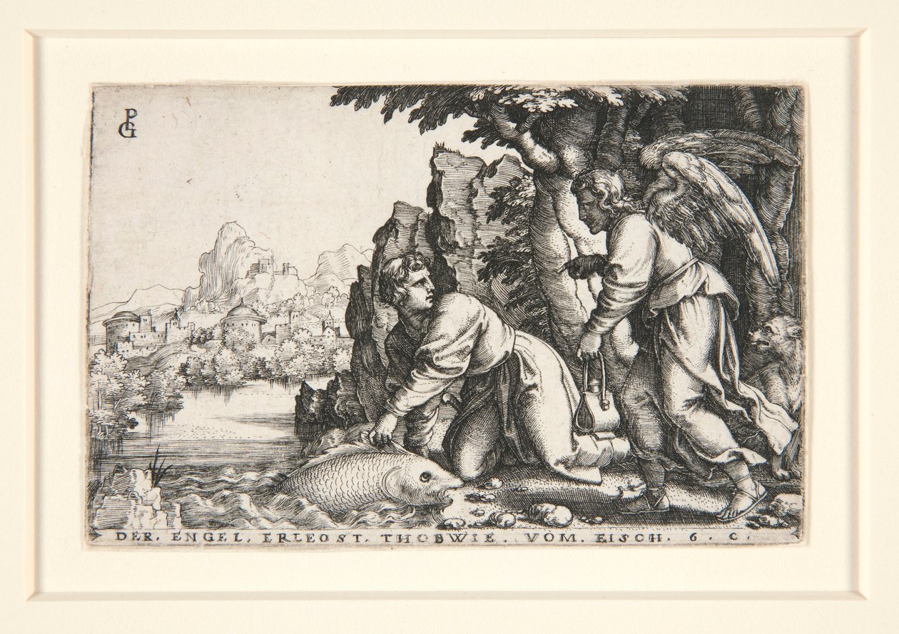 Tobit og engelen, pl. 5 fra serien The Story of Tobit av Georg Pencz