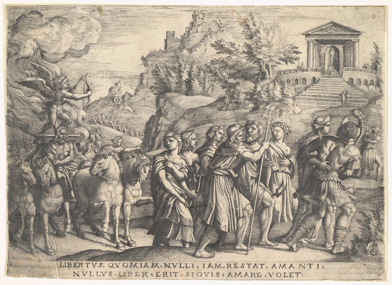 Triumph of Love: fire hester trekker en vogn med Cupid stående på en rykende plattform..., ca. 1539. av Georg Pencz