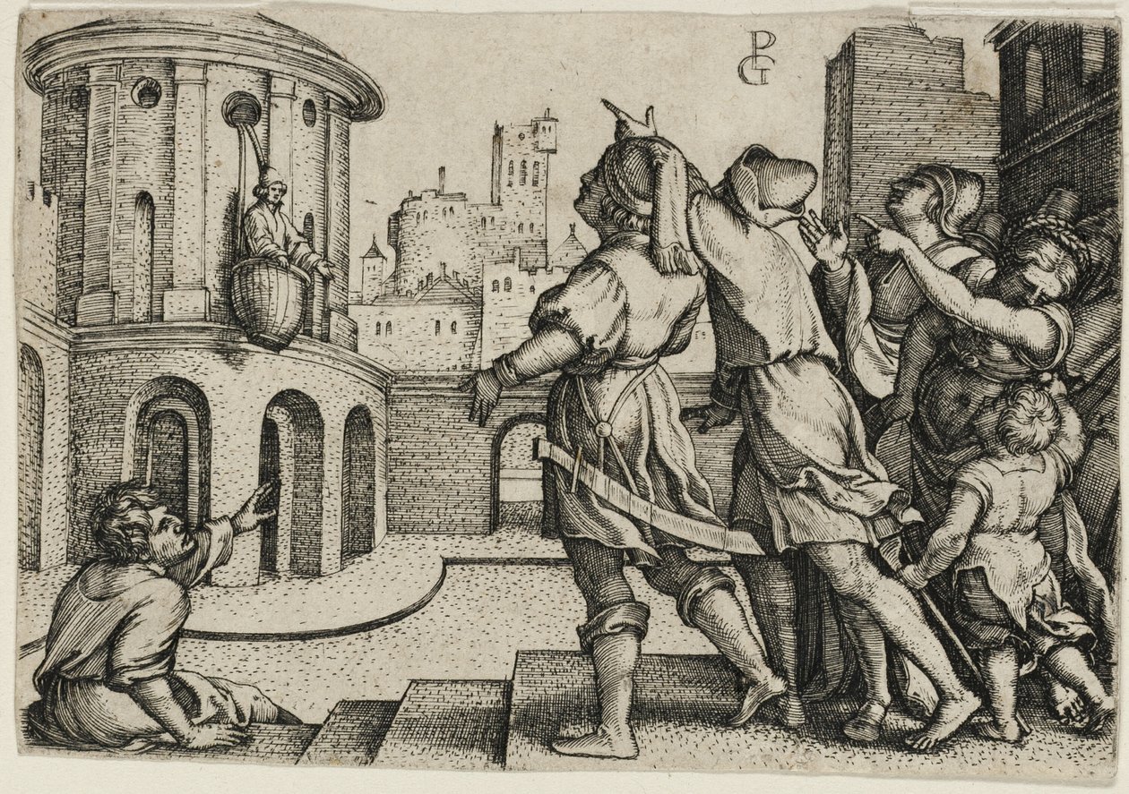 Virgil hengt i en kurv, kopi av Georg Pencz