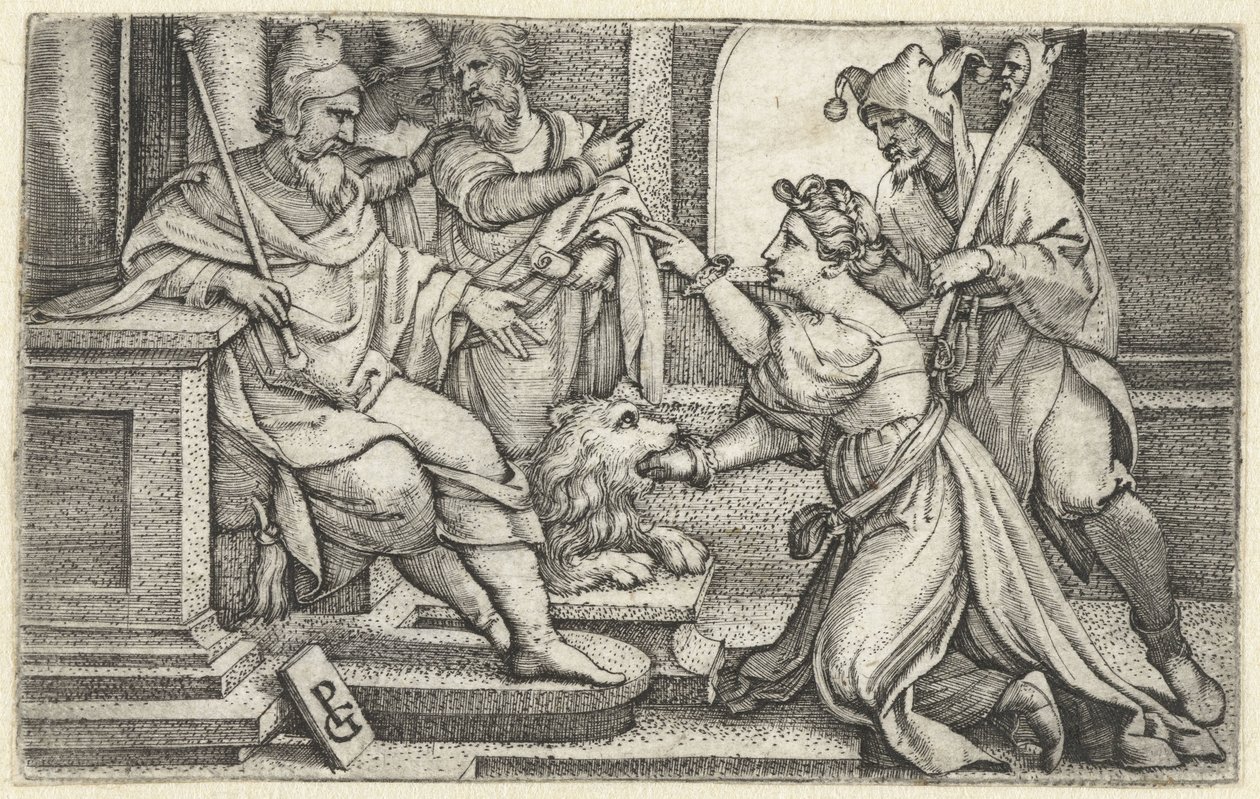 Kvinne erklærer sin uskyld under ed Sannhetens munn Bocca della Verita av Georg Pencz