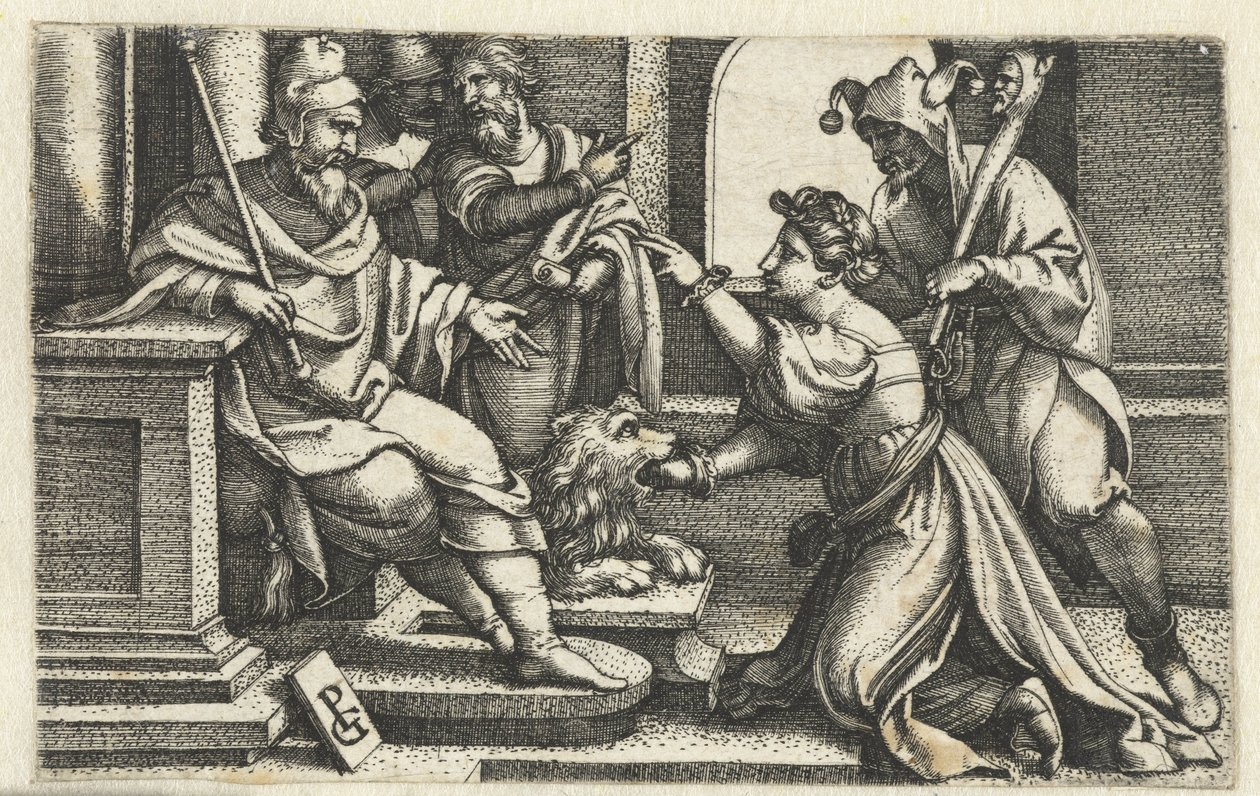 Kvinne erklærer sin uskyld under ed sannhetens munn Bocca della Verita av Georg Pencz