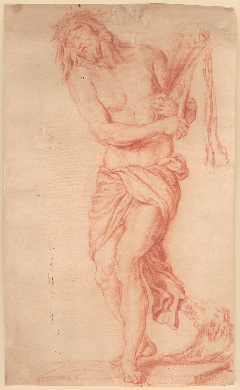 Ecce Homo. Stående, lidende Kristus med ris og knytt pisk og tornekrone på hodet av Georg Petel