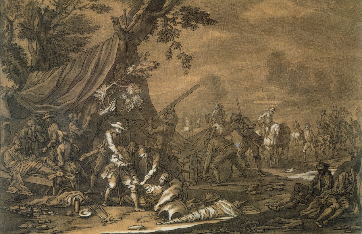 Militærkirurg på slagmarken under den spanske arvefølgekrigen, 1707, gravert av Christian Rugendas (1708-81) ca. 1740 av Georg Philipp I Rugendas