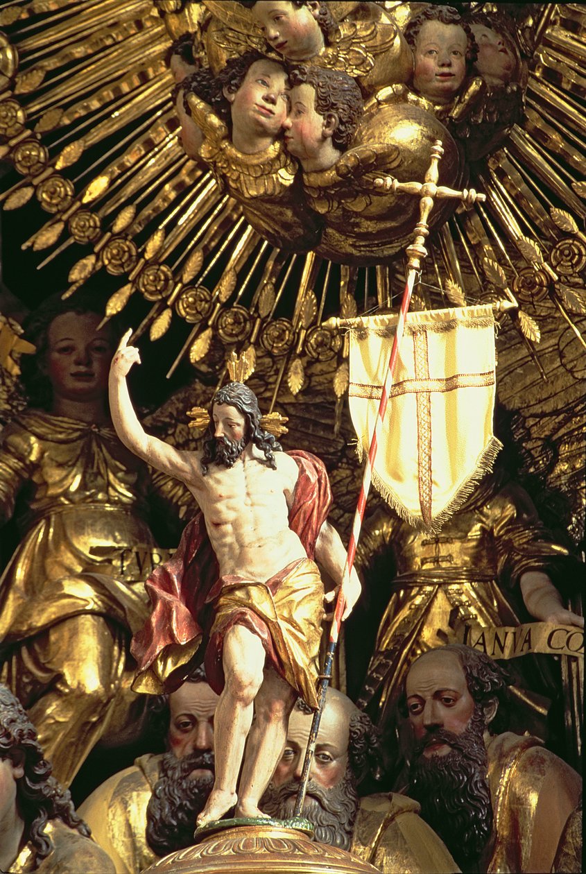 Alteret, detalj av utskjæring av Kristus triumferende omgitt av engler og helgener foto av Georg Raphael Donner