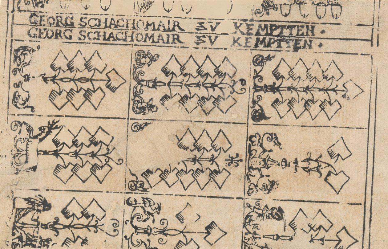 Ark med spillekort, 1575-1600. av Georg Schachomair