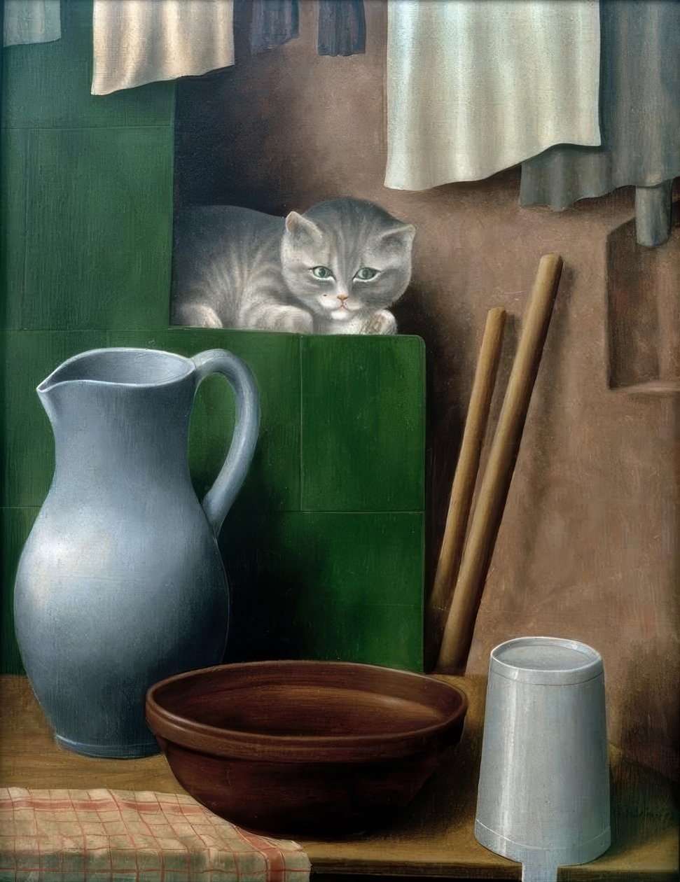 Stilleben med en katt (ovnshjørne) av Georg Schrimpf