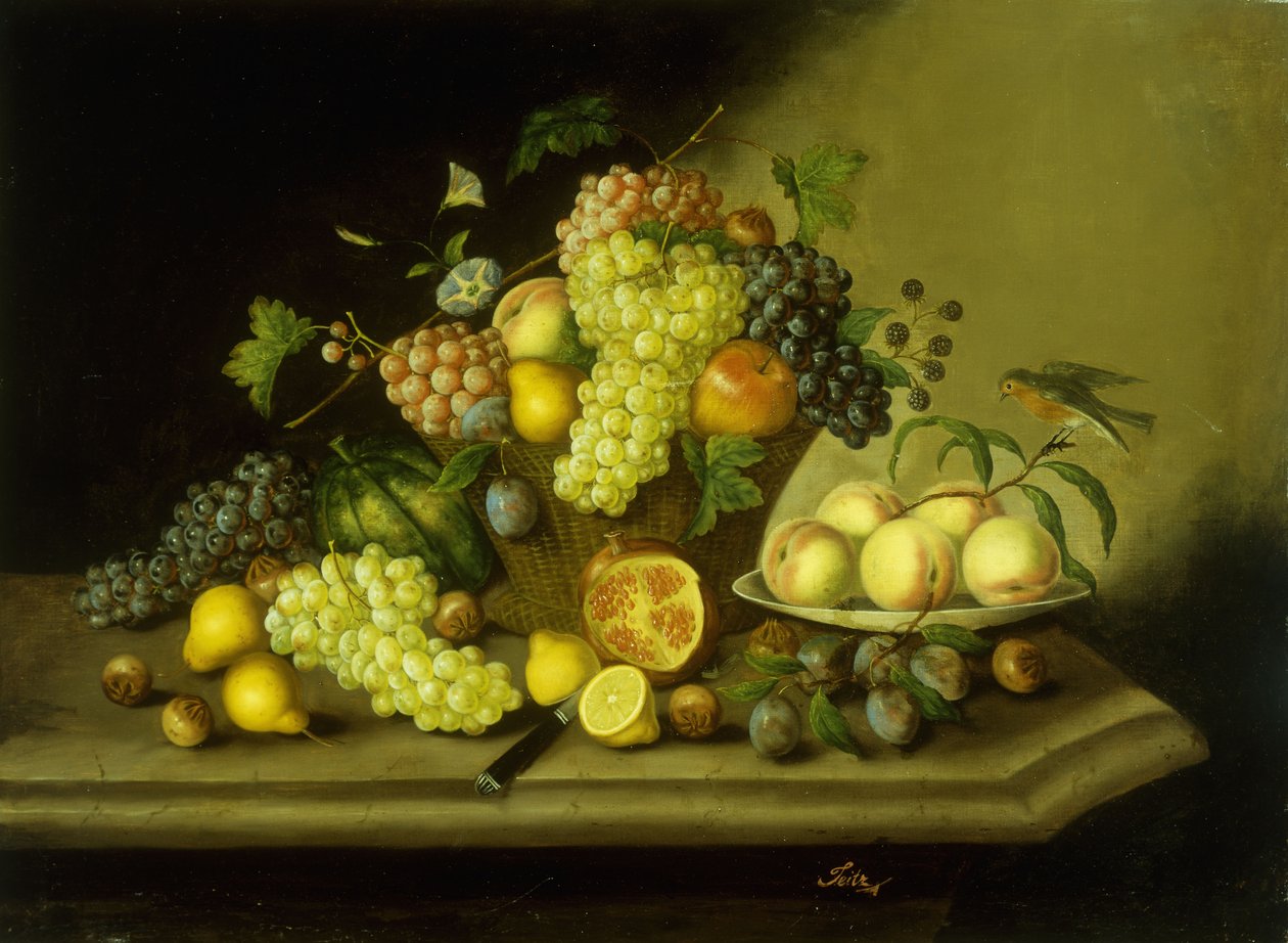 Et stilleben med en kurv med druer og blandet frukt på en steinhylle av Georg Seitz