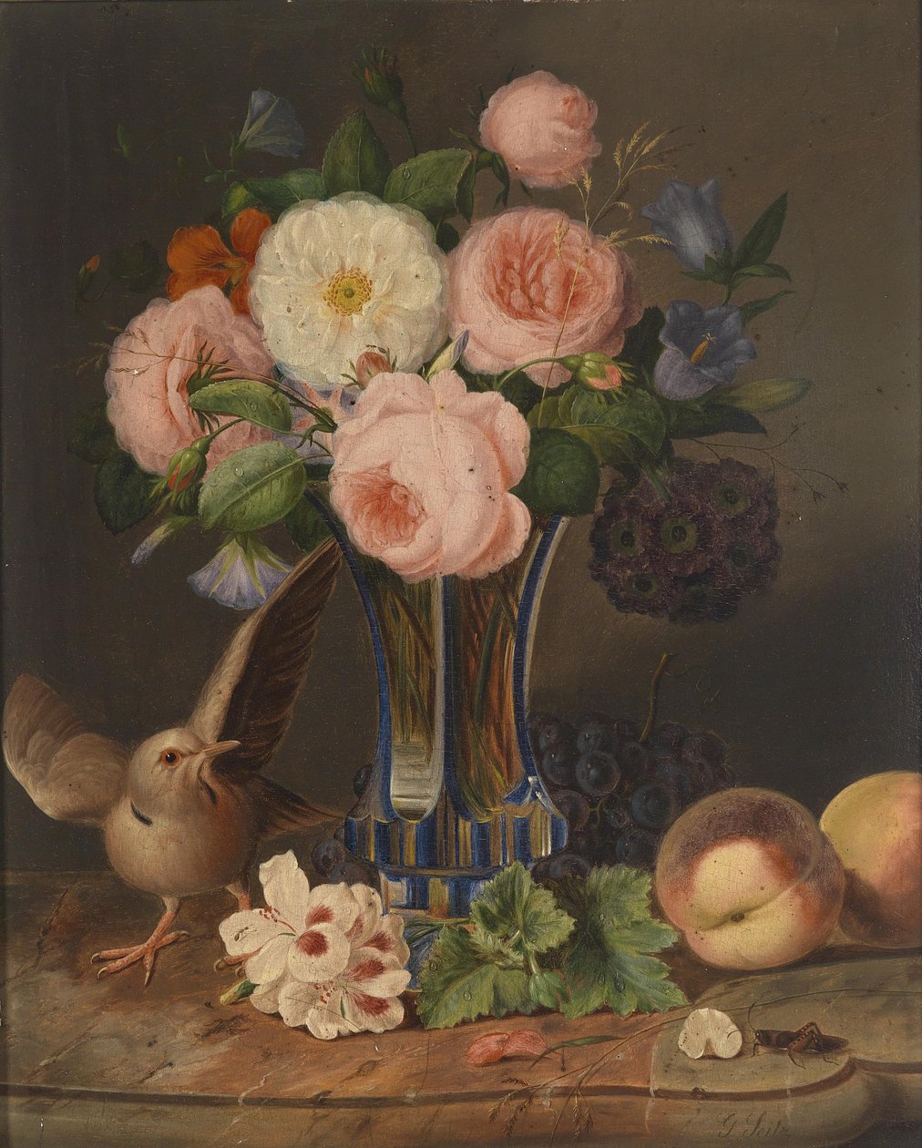 Et blomsterstilleben med en fugl og en gresshoppe av Georg Seitz