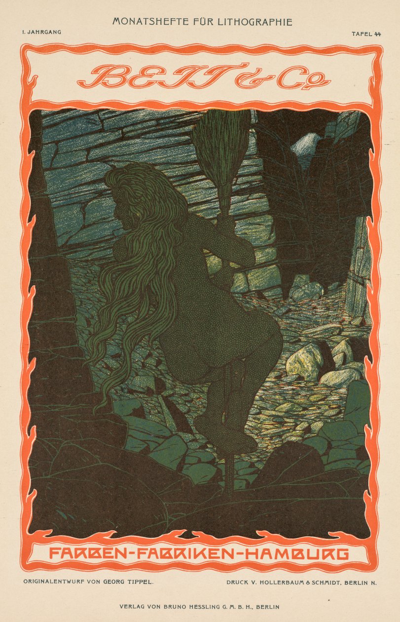Naken kvinne på et kosteskaft (fra annonseserien for farget stoff, Beit & Co., Hamburg) av Georg Tippel