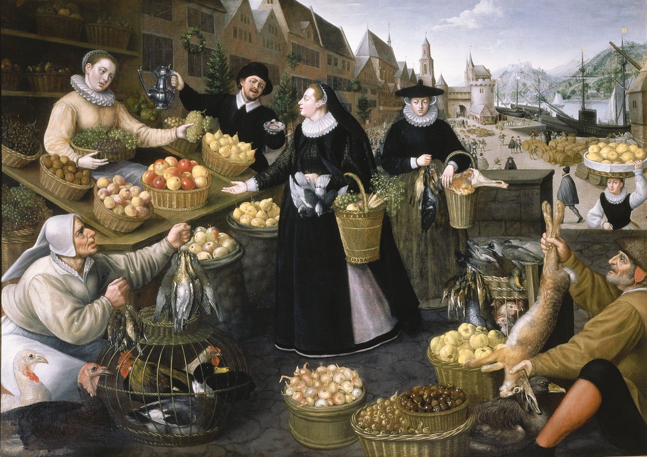 An Allegory of Autumn: en frukt- og grønnsaksbod over Weinmarkt i Frankfurt am Main av Georg and Valkenborch Lucas Van Flegel