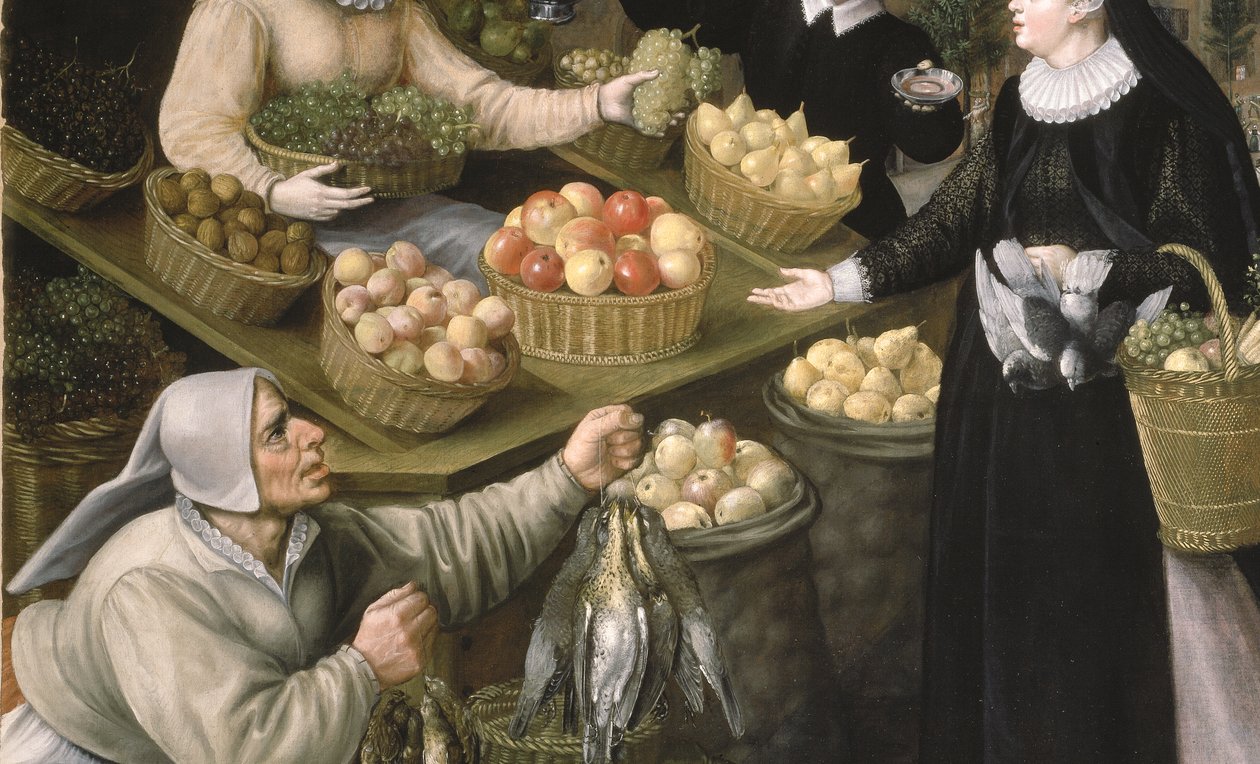 An Allegory of Autumn: en frukt- og grønnsaksbod over Weinmarkt i Frankfurt am Main av Georg and Valkenborch Lucas Van Flegel