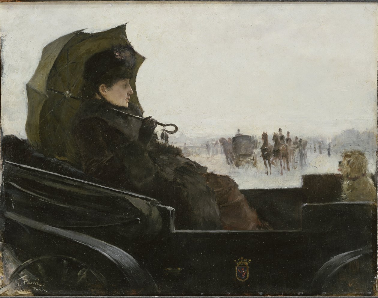 Kvinne i en vogn, Paris - Dame i en landau-vogn, Paris, av Pauli, Georg (1855-1935). olje på tre av Georg Vilhelm Pauli