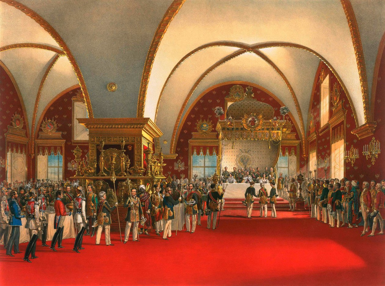 Kroningsbankett i hallen til fasettenes palass i Kreml i Moskva, 1856. av Georg Wilhelm Timm