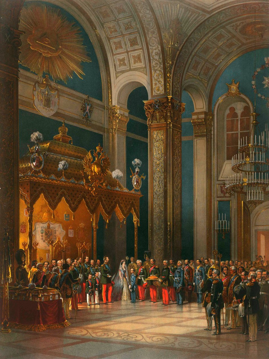 Hyllest av kosakkoffiserer i tronsalen, kroningen av tsar Alexander II, Moskva, 1856. av Georg Wilhelm Timm