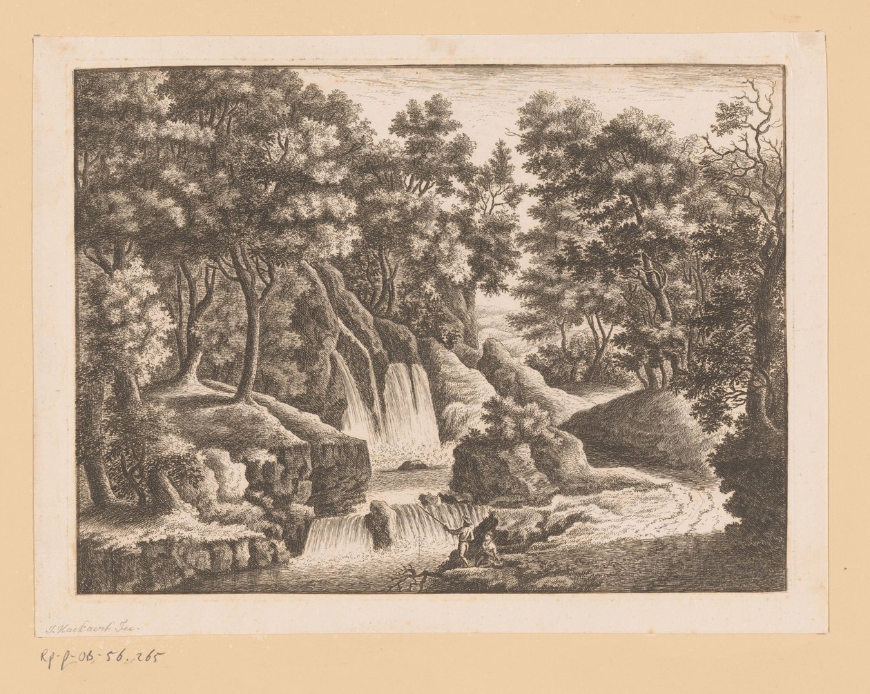 Foss i skog med to fiskere i forgrunnen av Georg Wolfgang Knorr (possibly)