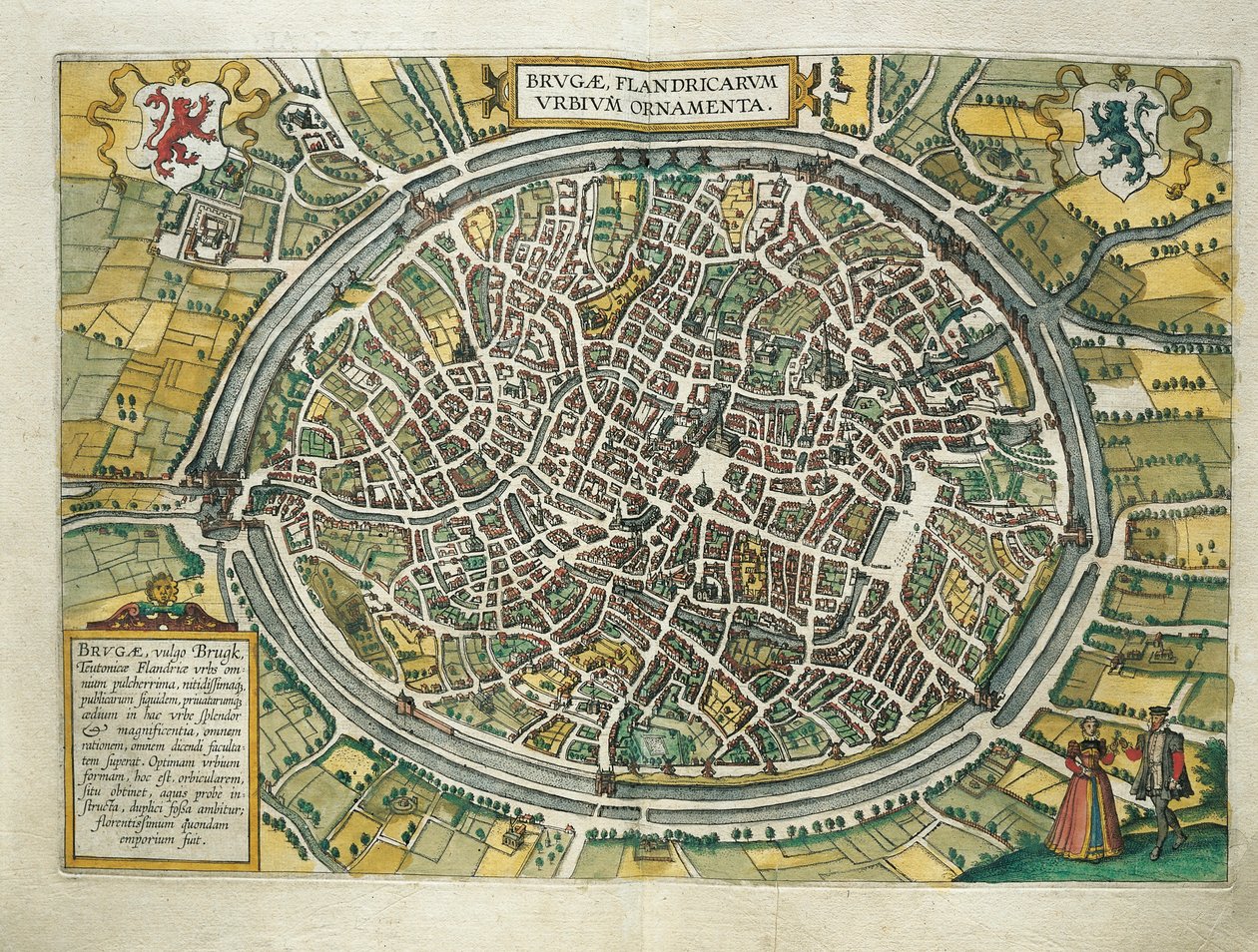 Belgia, Brugge kart fra Cities of the World av Georg Braun (1541-1622) og Franz Hogenberg (1540-1590), Köln, gravering av Georg Braun and Hogenberg Franz