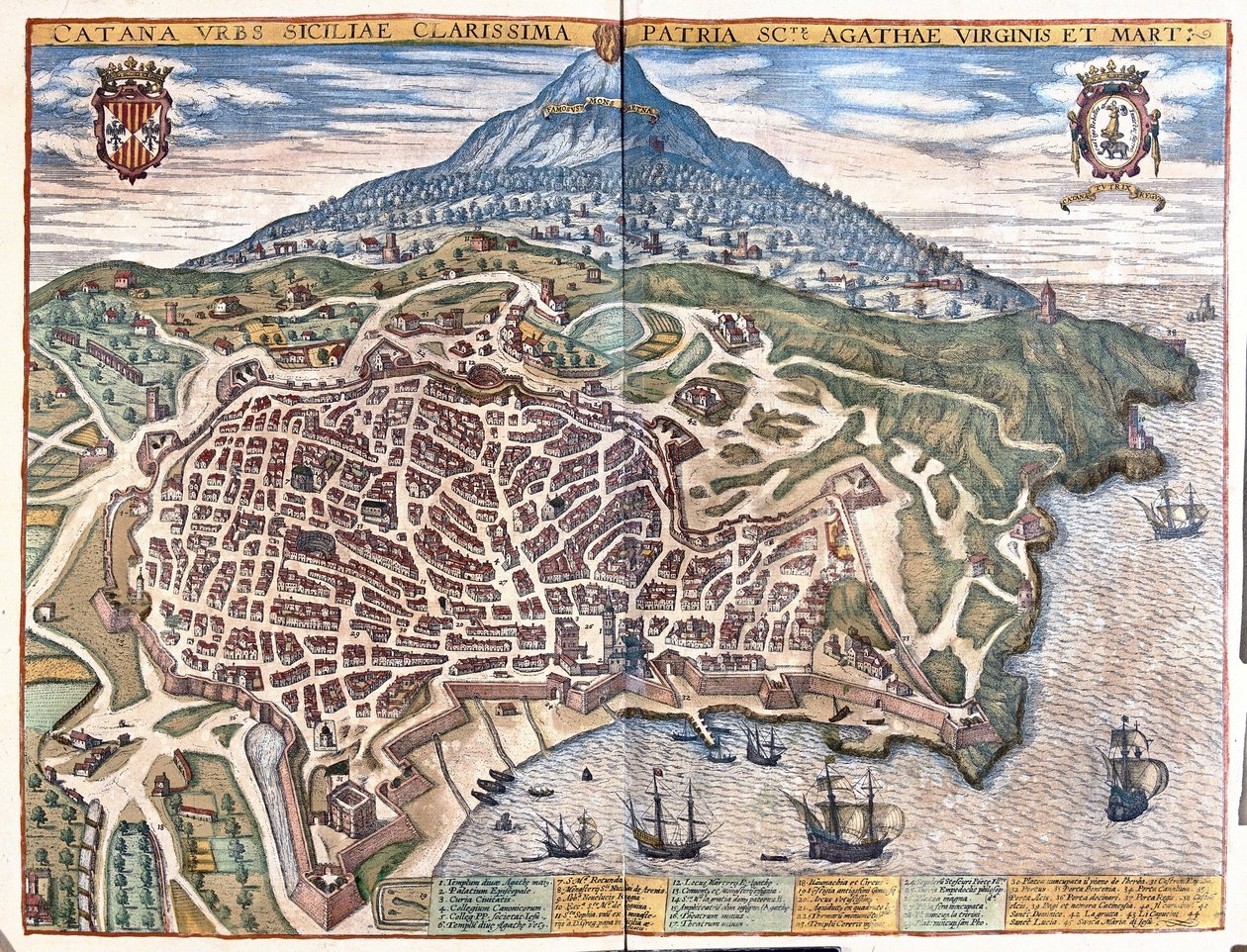 Catania, med Etna i bakgrunnen, Sicilia, Italia (gravering av Georg Braun and Hogenberg Franz