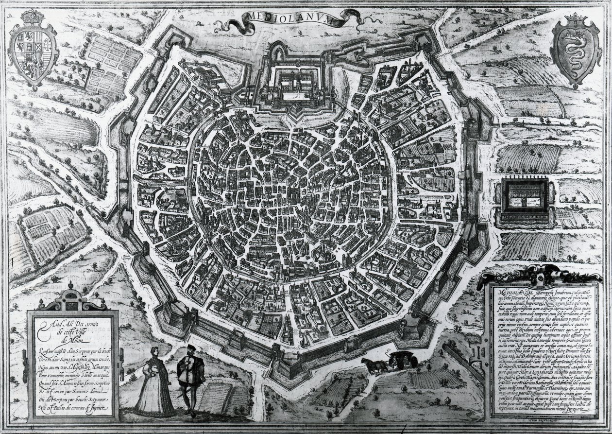 Bykart over Milano, i 1572, av Antonio Lafreri (1512-1577), utgitt av Georg Braun og Franz Hogenberg, Italia av Georg Braun and Hogenberg Franz