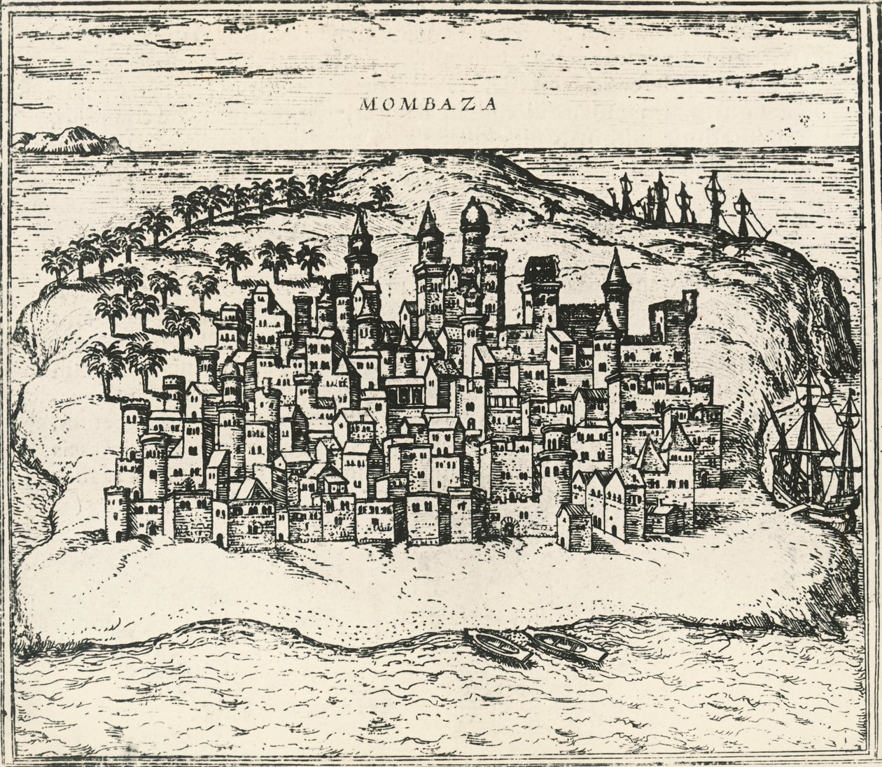 Byen Mombasa i Kenya, gravering fra Verdensbanken av Georg Braun and Hogenberg Franz