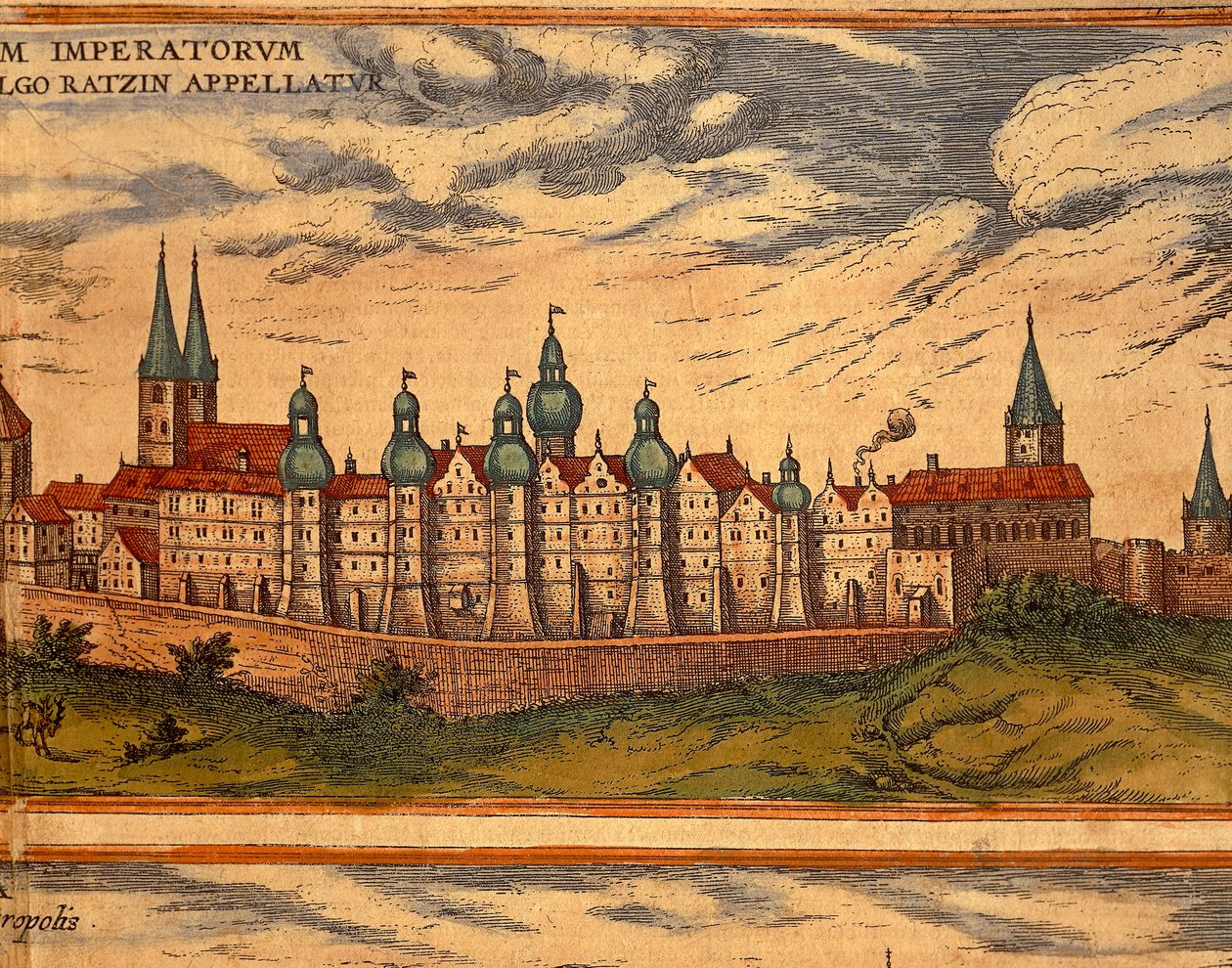 Tsjekkia, Praha, Utsikt over palasset, fargegravering fra Civitates Orbis Terrarum av Georg Braun (1541-1622) og Franz Hogenberg (1535-1590) av Georg Braun and Hogenberg Franz