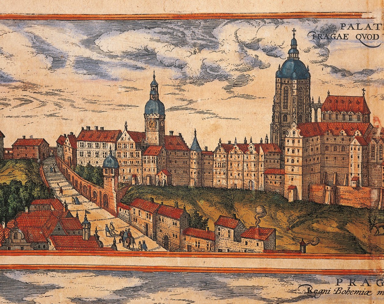 Tsjekkia, Praha, Utsikt over citadellet, fargegravering fra Civitates Orbis Terrarum av Georg Braun (1541-1622) og Franz Hogenberg (1535-1590) av Georg Braun and Hogenberg Franz