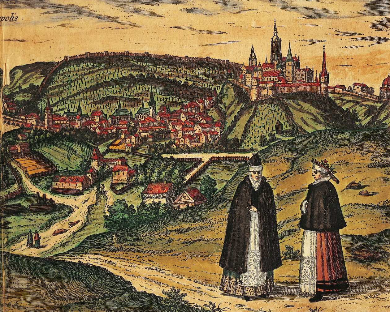 Tsjekkia, Praha, Utsikt over byen med citadellet i bakgrunnen, fargegravering fra Civitates Orbis Terrarum av Georg Braun (1541-1622) og Franz Hogenberg (1535-1590) av Georg Braun and Hogenberg Franz