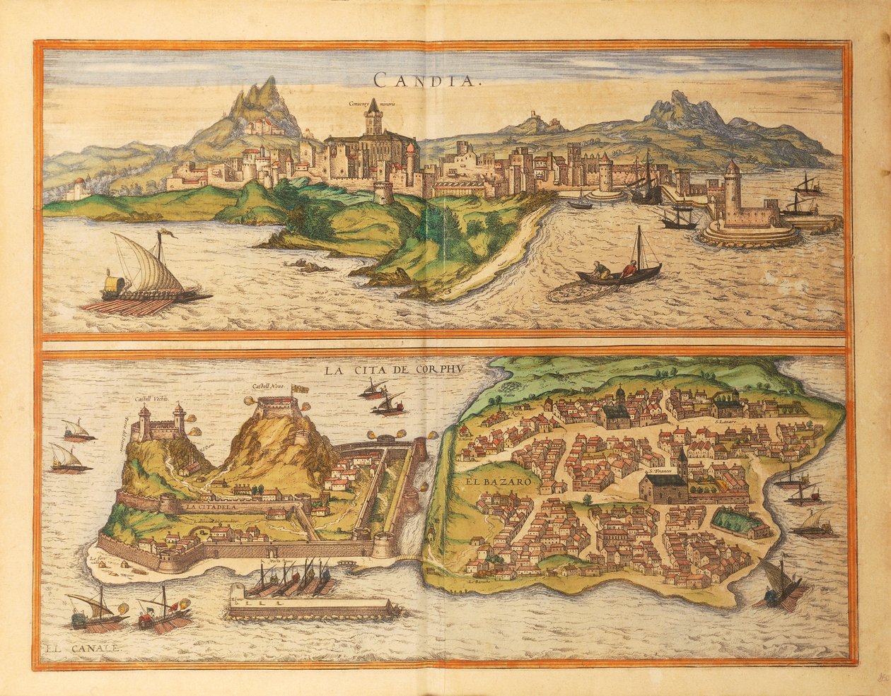 Heraklion, Candia og Korfu fra World Cities av Georg Braun av Georg Braun and Hogenberg Franz