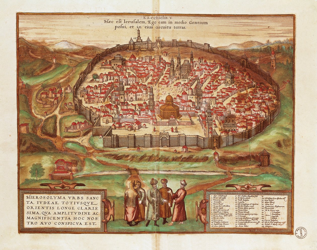 Israel og Palestina, Jerusalem, av Georg Braun og Franz Hogenberg, fra Civitates Orbis Terrarum, fargegravering av Georg Braun and Hogenberg Franz