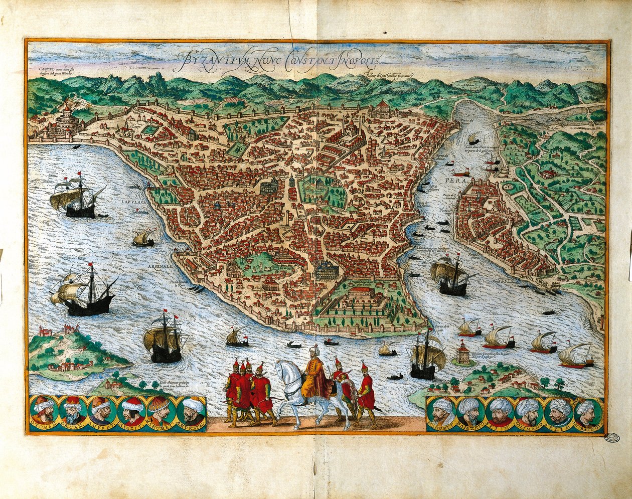 Italia, Milano, Perspektivutsikt over byen Konstantinpol av Georg Braun (1541-1622) og Franz Hogenberg (1535-1590), fargegravering av Georg Braun and Hogenberg Franz