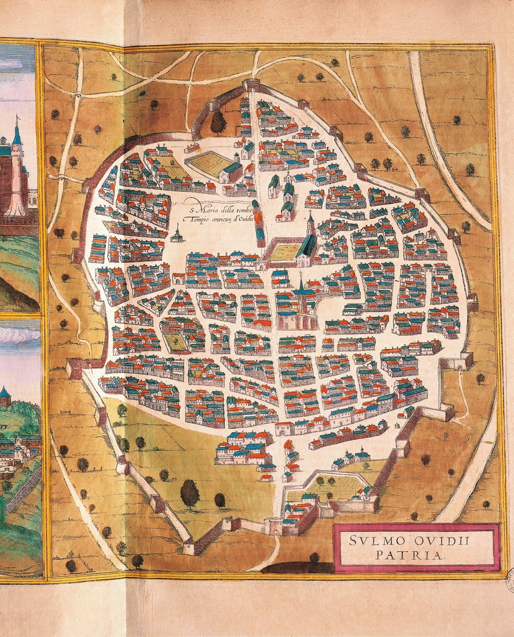 Italia, Sulmona, byen Sulmona fra Civitates Orbis Terrarum av Georg Braun og Franz Hogenberg, gravering av Georg Braun and Hogenberg Franz