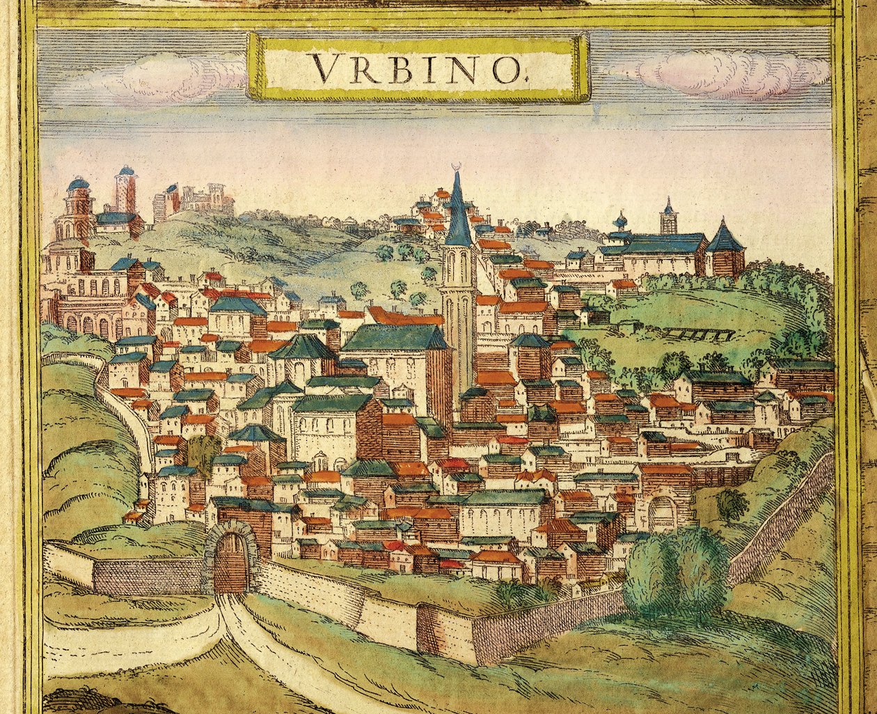 Italia, Urbino, Utsikt over byen, fargegravering fra Civitates Orbis Terrarum av Georg Braun (1541-1622) og Franz Hogenberg (1535-1590) av Georg Braun and Hogenberg Franz