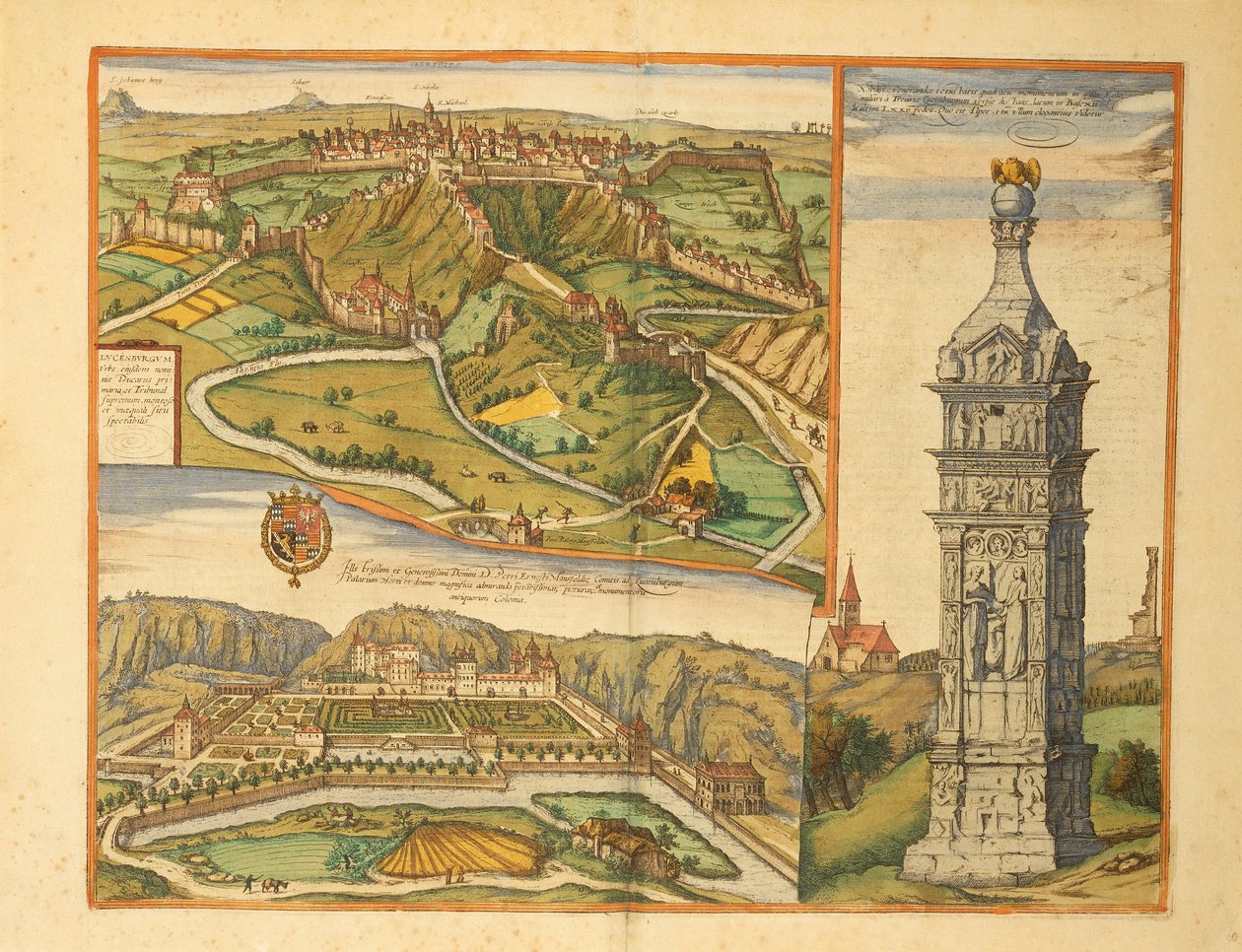 Luxembourg by, storhertugpalasset og steinmonumentet fra Civitates Orbis Terrarum av Georg Braun av Georg Braun and Hogenberg Franz