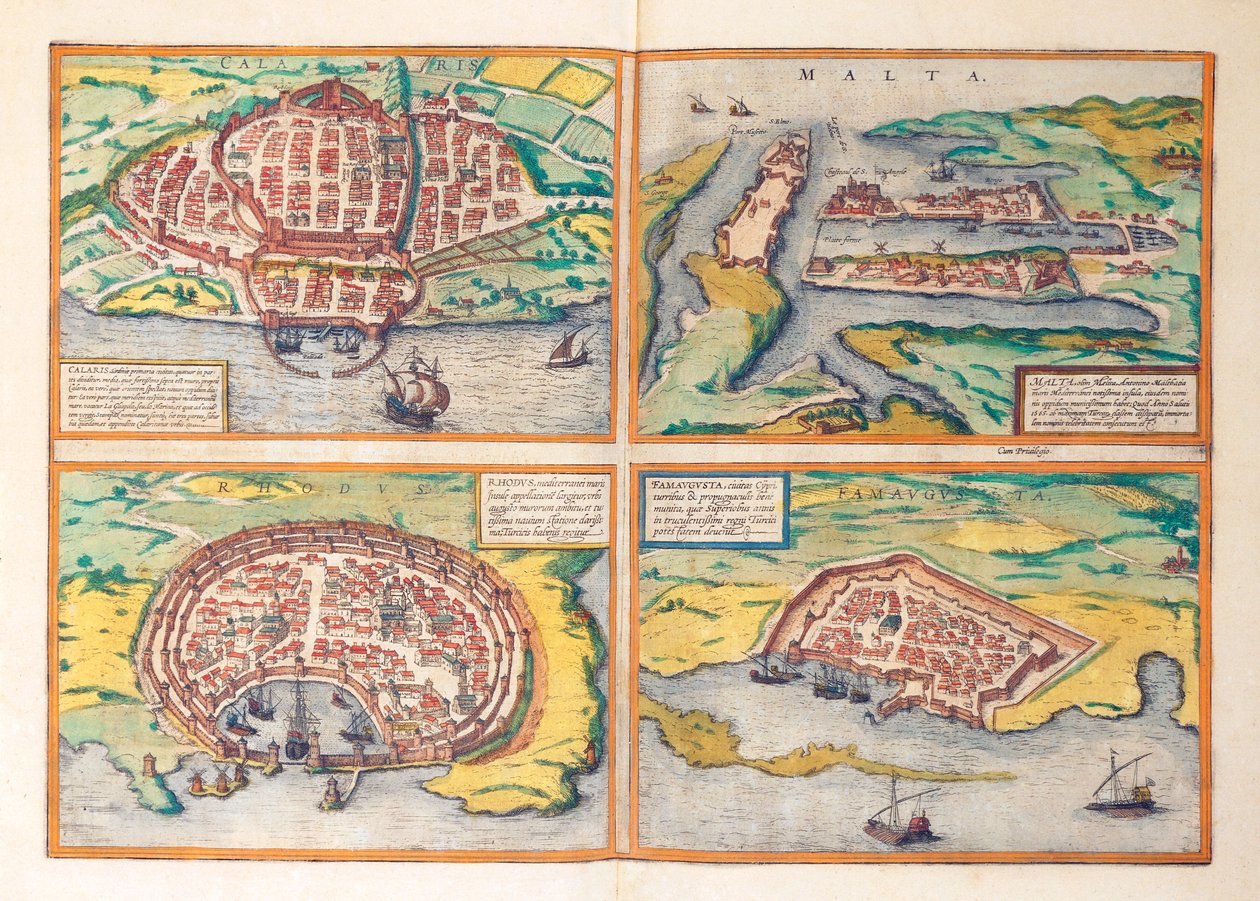 Kart over Cagliari, Malta, Rhodos og Famagusta fra World Cities av Georg Braun av Georg Braun and Hogenberg Franz