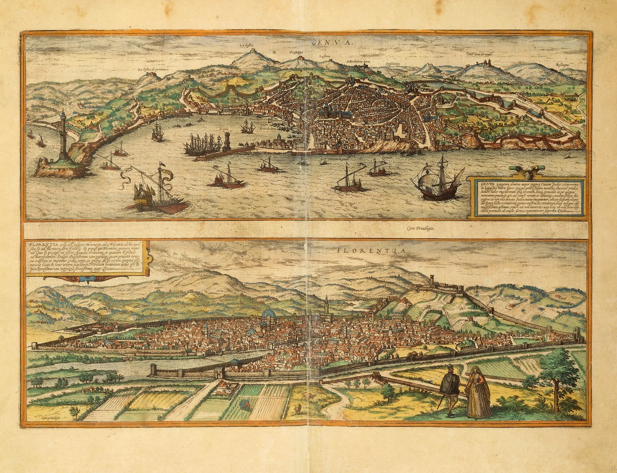 Kart over Genova og Firenze fra Cities of the World av Georg Braun av Georg Braun and Hogenberg Franz