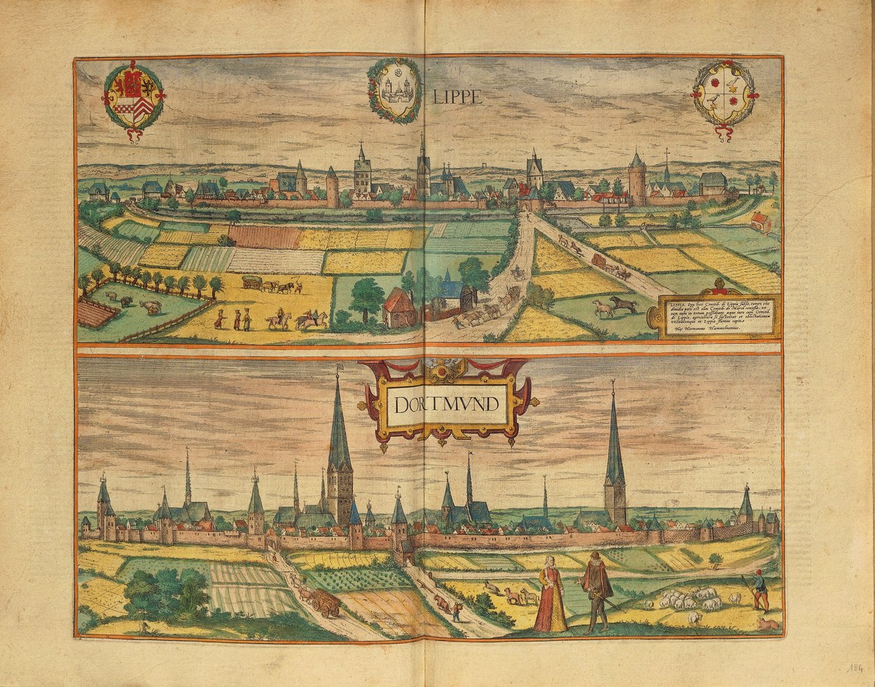 Kart over Lippe og Dortmund fra andre verdenskrig av Georg Braun av Georg Braun and Hogenberg Franz