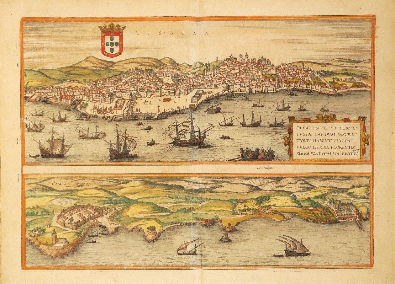 Kart over Lisboa og Cascais fra USA av Georg Braun av Georg Braun and Hogenberg Franz