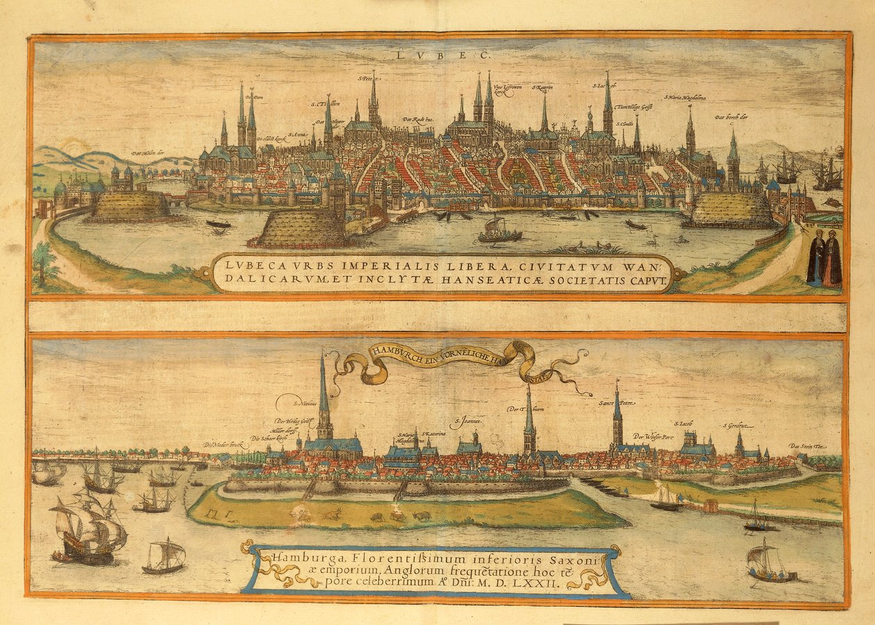 Kart over Lubeck og Hamburg fra Cities of the World av Georg Braun av Georg Braun and Hogenberg Franz